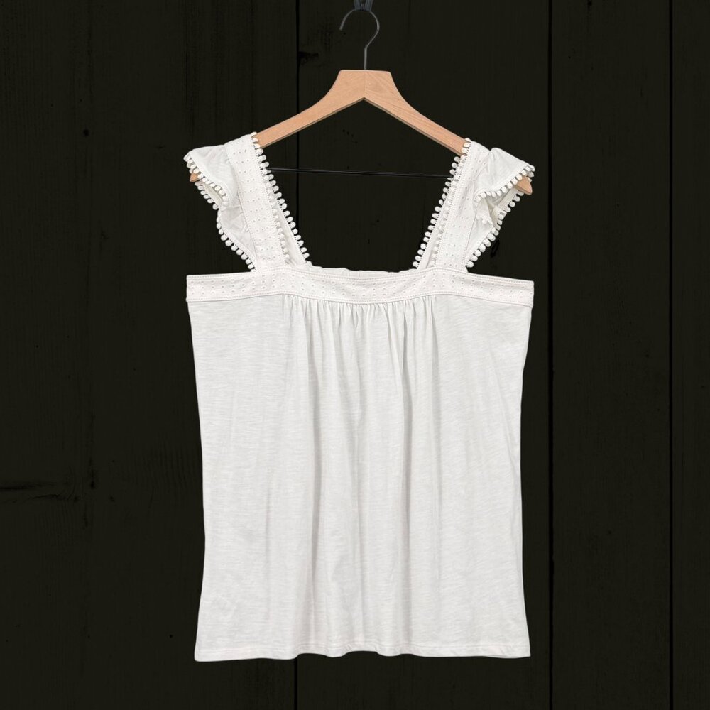 Loft Eyelet Ruffle Strap 100% Cotton Tank‎ Top Size M White 504801